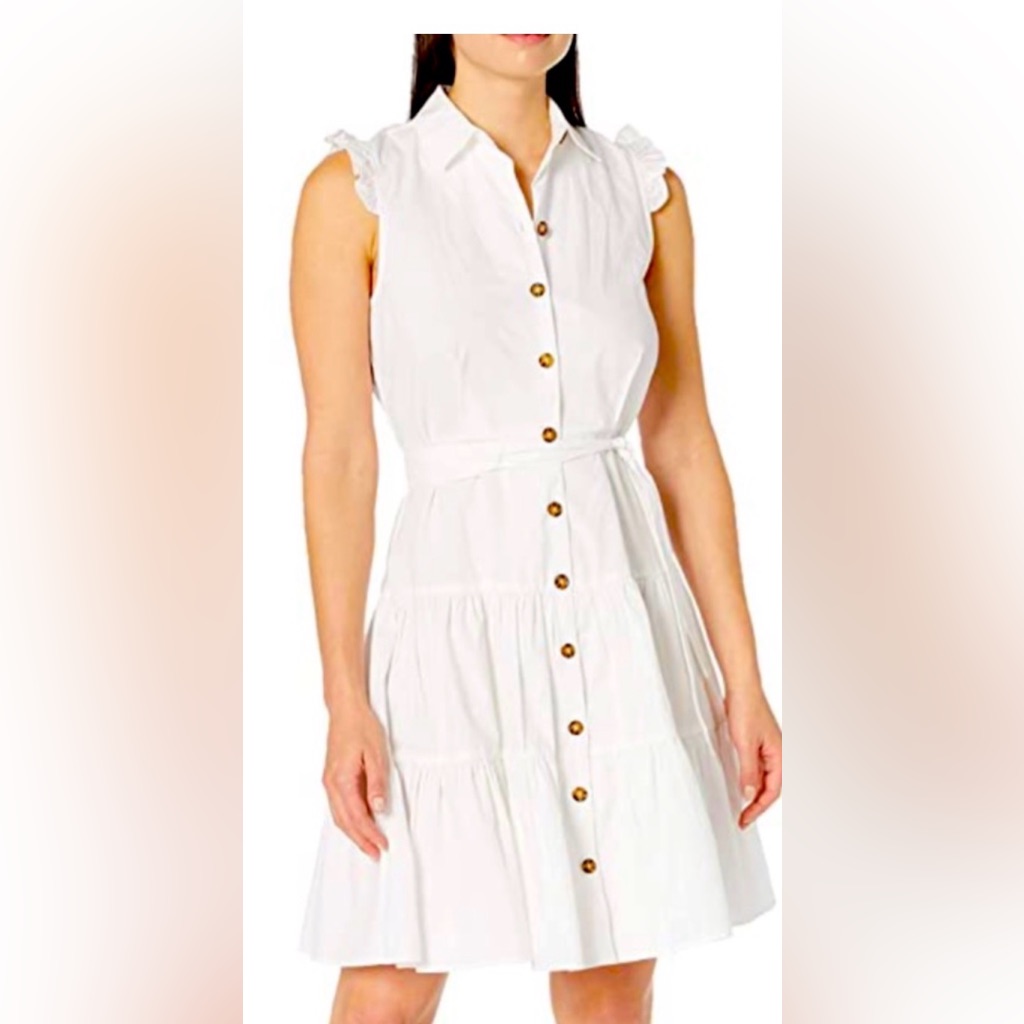 Nwt Calvin Klein White Cotton Tiered Ruffle Shirt Dress 8